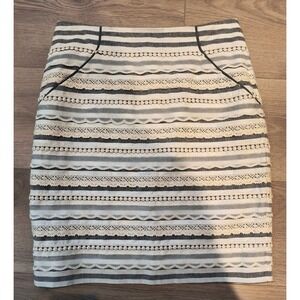 Anthropologie Tabitha Striped Lace Trim Skirt Cotton Linen Lined Gray Cream 0